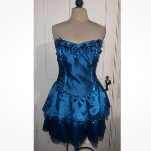 Vintage Y2K Betsey Johnson Strapless Teal Blue Ruffled Evening Mini Dress S-M